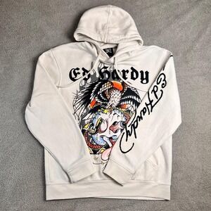 Y2K Ed Hardy Hoodie Eagle Skull Snake Flames Mens Size Medium White‎ Sweatshirt